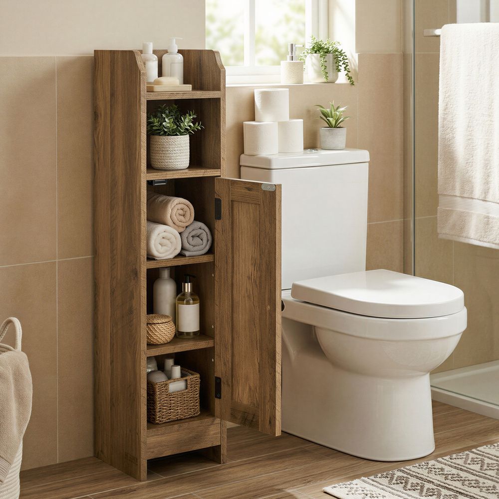 VASAGLE Small Bathroom Corner Floor Cabinet with Door – Honey Brown