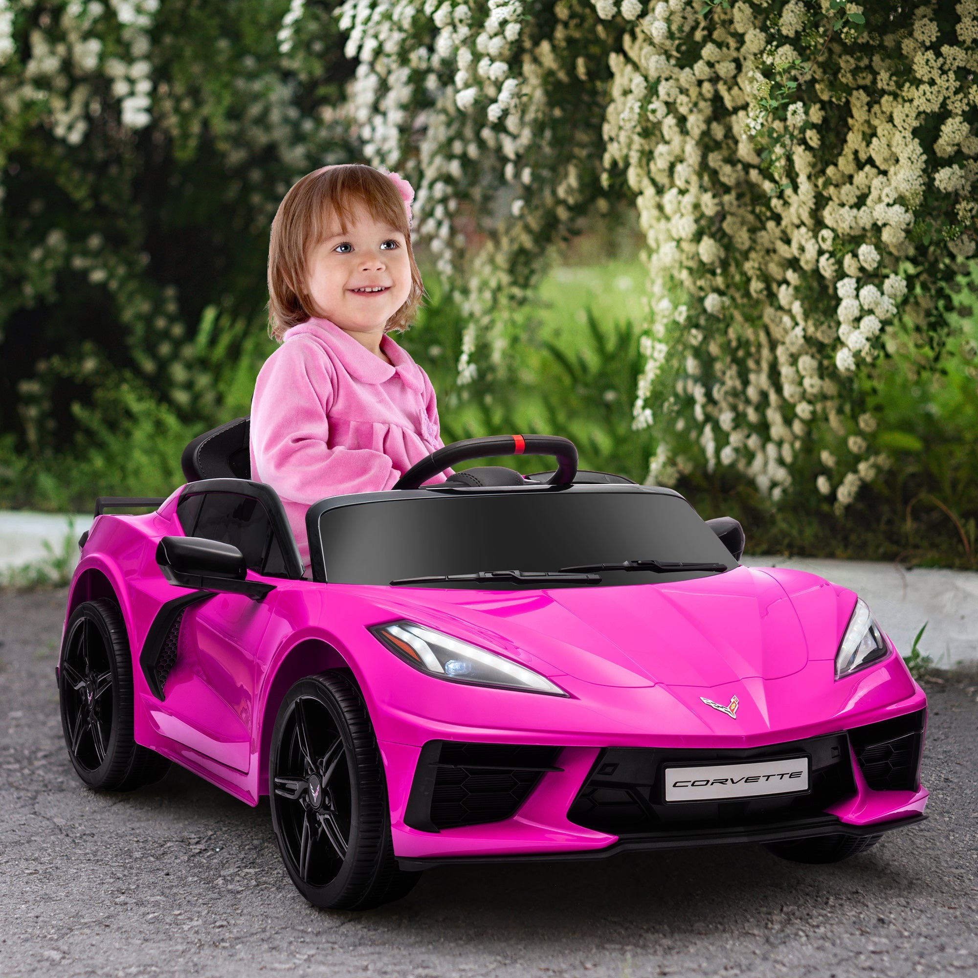Qaba 12V Kids Electric Car Corvette Licensed Remote Control Suspension System Music Headlight Slow Start Pink Ride On 