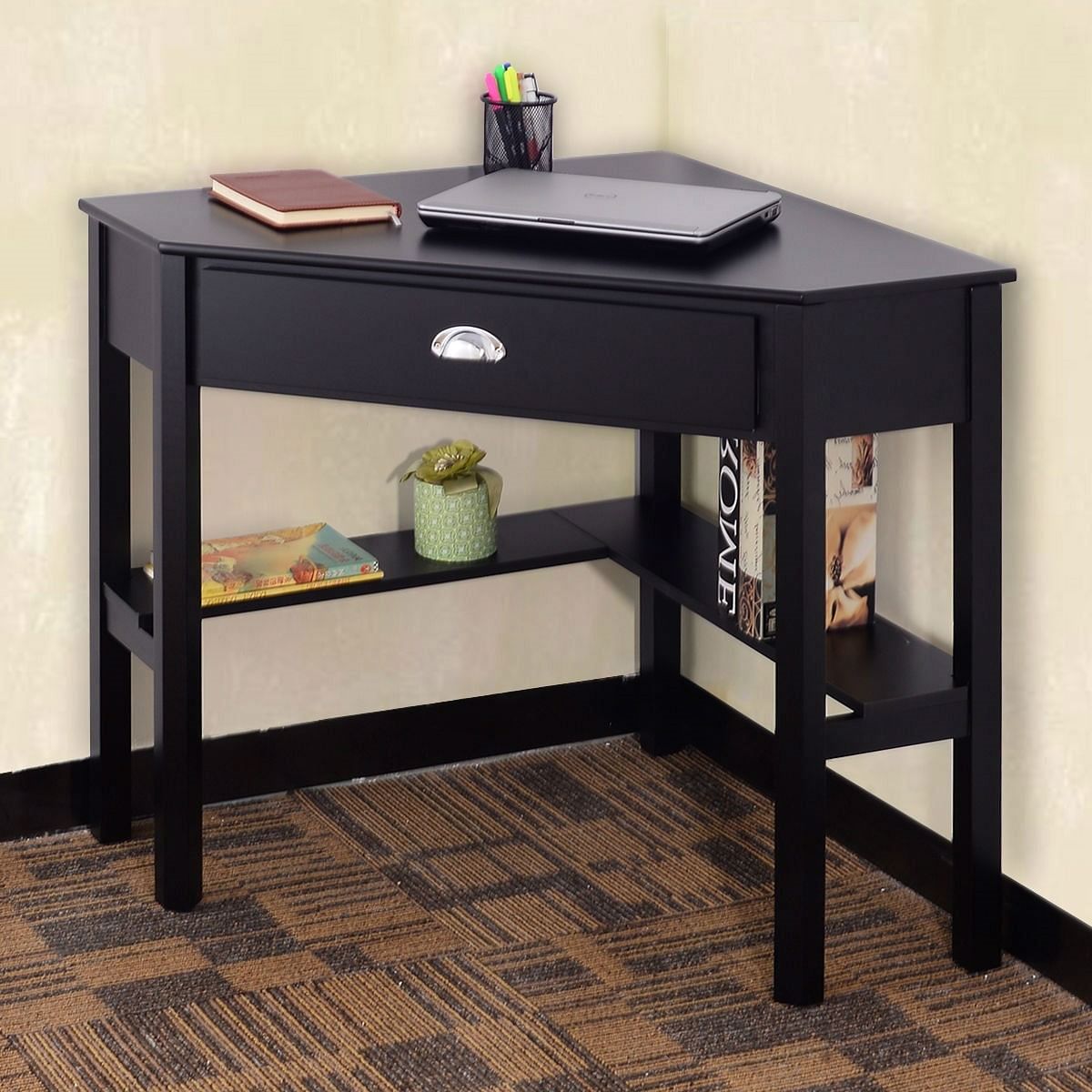 Corner Black Wood Computer Desk with Drawer - Free Shipping 
