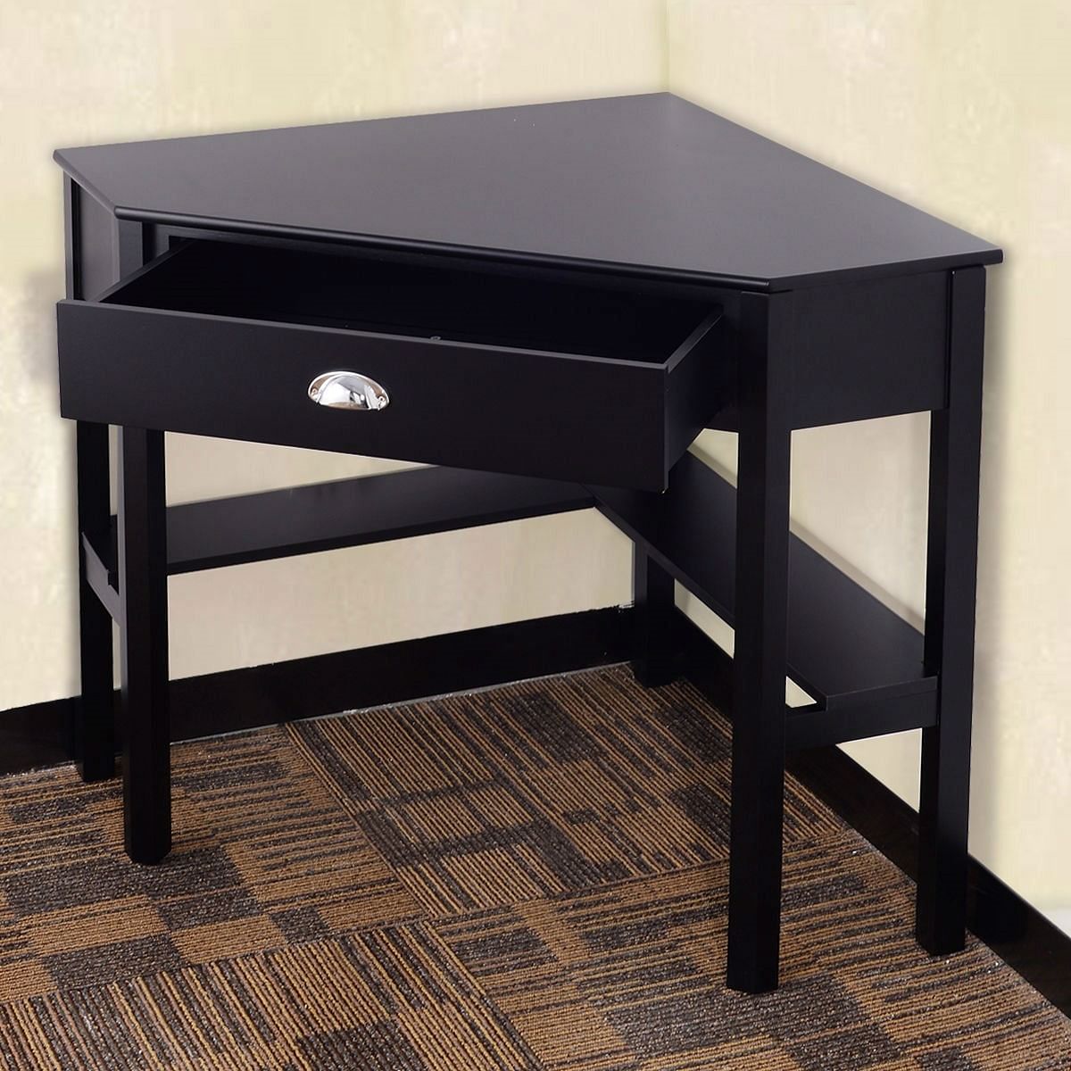 Corner Black Wood Computer Desk with Drawer - Free Shipping 