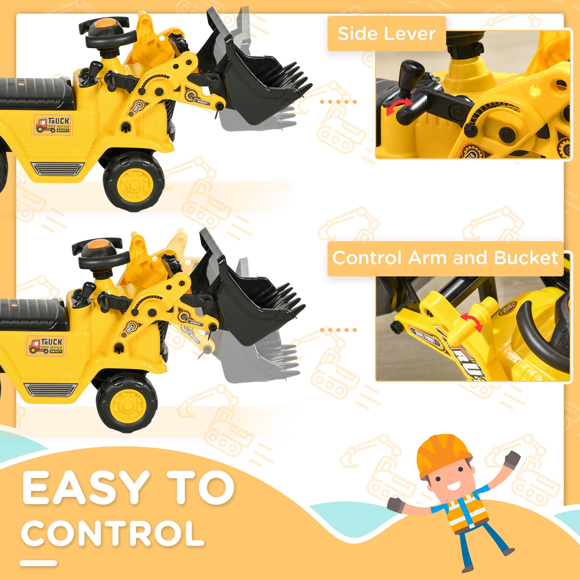 HOMCOM Kids Ride-On Bulldozer Toy with Excavator Bucket Horn Steering Wheel Under Seat Storage for Toddlers Yellow 