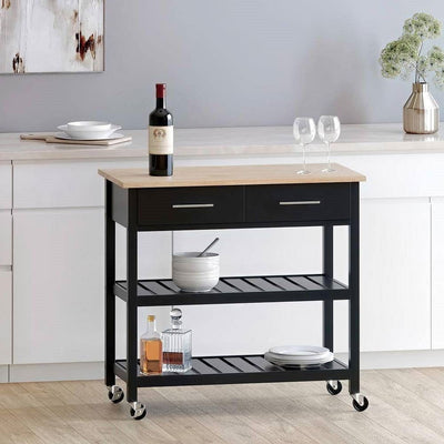 Modern Black Kitchen Island Cart with Wood Top 2 Drawers and 2 Bottom Shelves - Free Shipping 