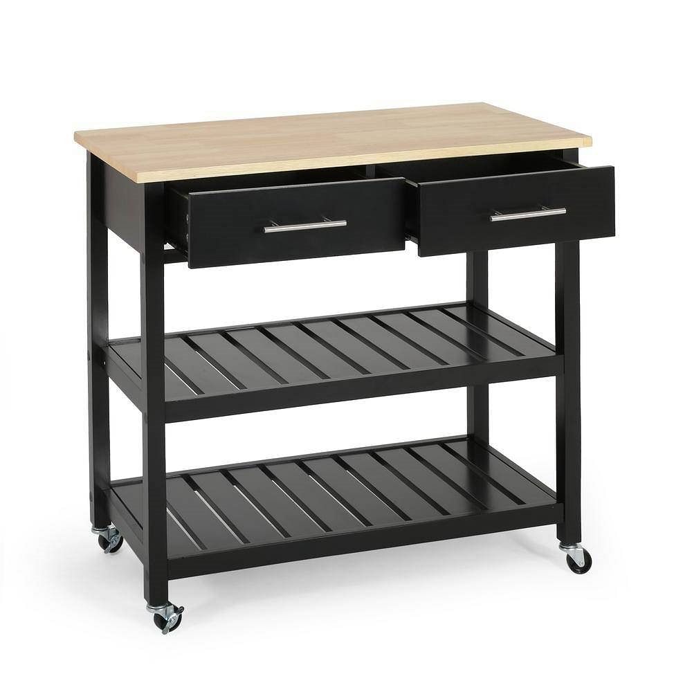 Modern Black Kitchen Island Cart with Wood Top 2 Drawers and 2 Bottom Shelves - Free Shipping 