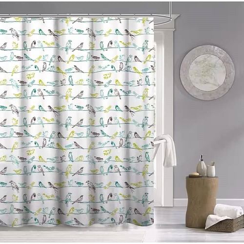 72-inch 100-Percent Cotton Fabric Shower Curtain with Teal Beige Black Birds - Free Shipping 