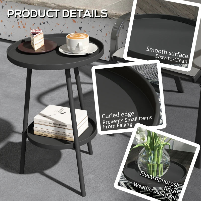 Round Garden Table, 2-Tier Small Side Table, Metal Patio Table Coffee Table Dining Table, Black
