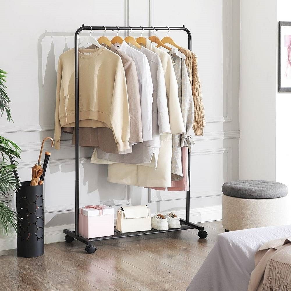 Simple Black Steel Tube Rolling Garment Clothes Rack with Bottom Mesh Shelf - Free Shipping