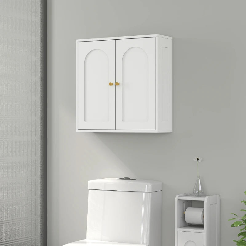 Medicine Cabinet, Modern Bathroom Wall Cabinet with 2 Arched Doors and Gold Handles, White Wood Grain
