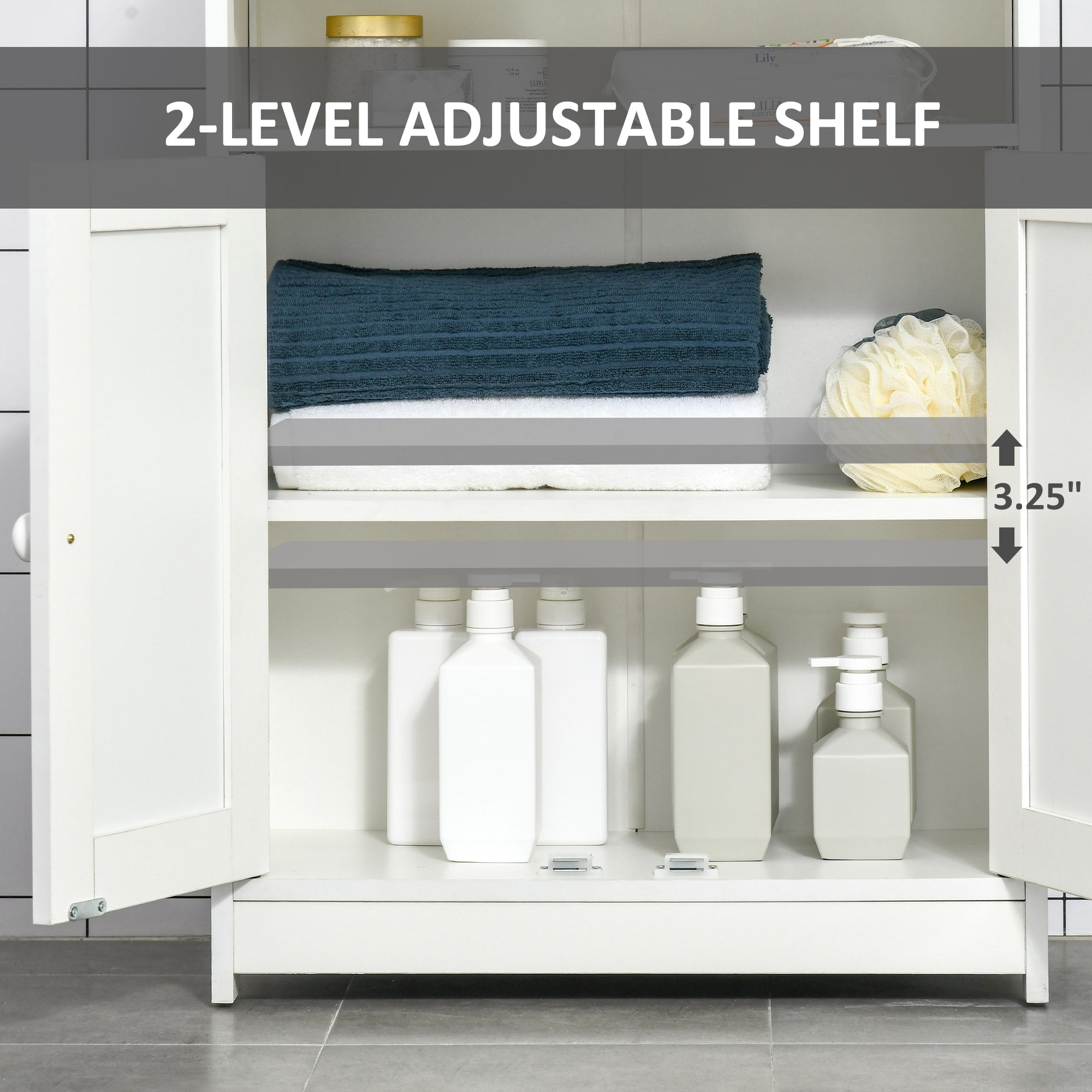 HOMCOM Bathroom Storage Cabinet Freestanding Organizer Sideboard Adjustable Shelf Wooden Furniture White 