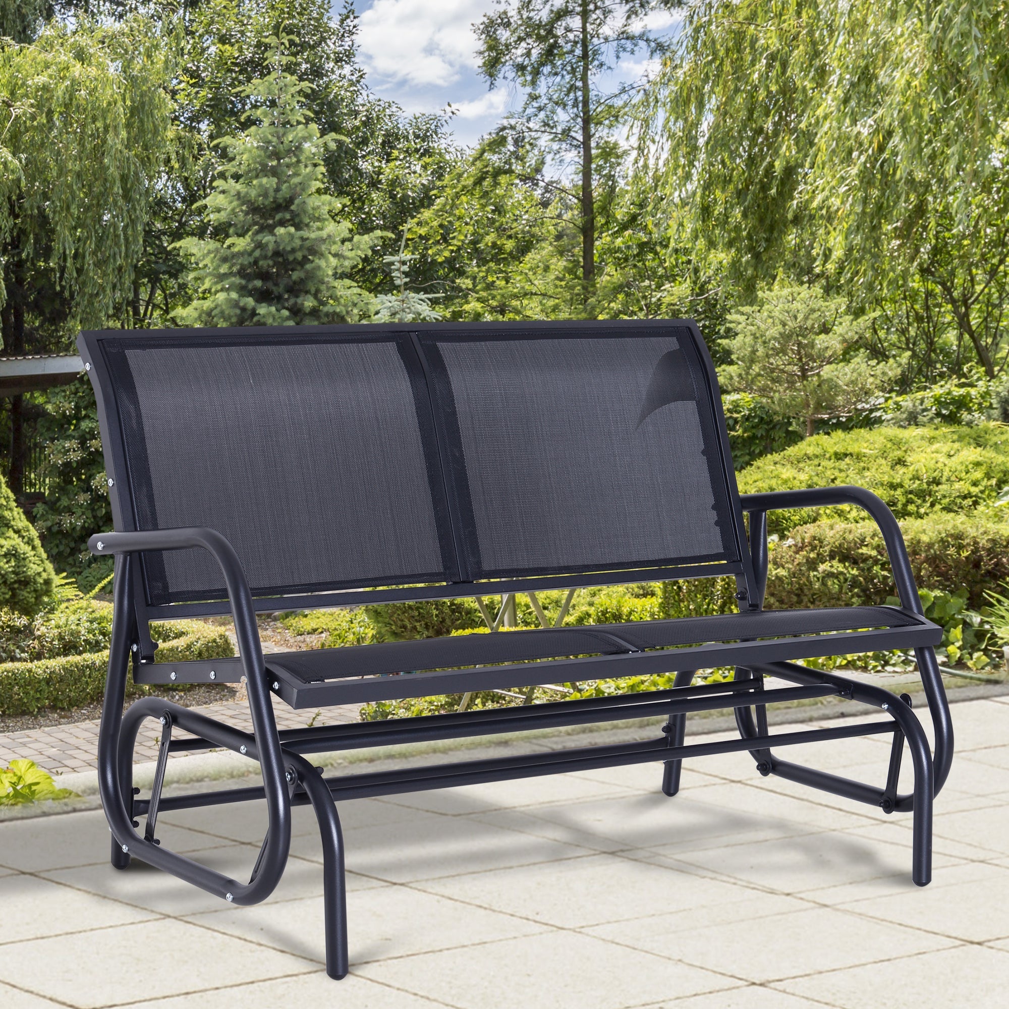 Outsunny Patio Double Glider Bench Swing Chair Rocker Heavy-Duty Loveseat Outdoor Garden Rocking Bench Steel Frame Sling Fabric Seat 