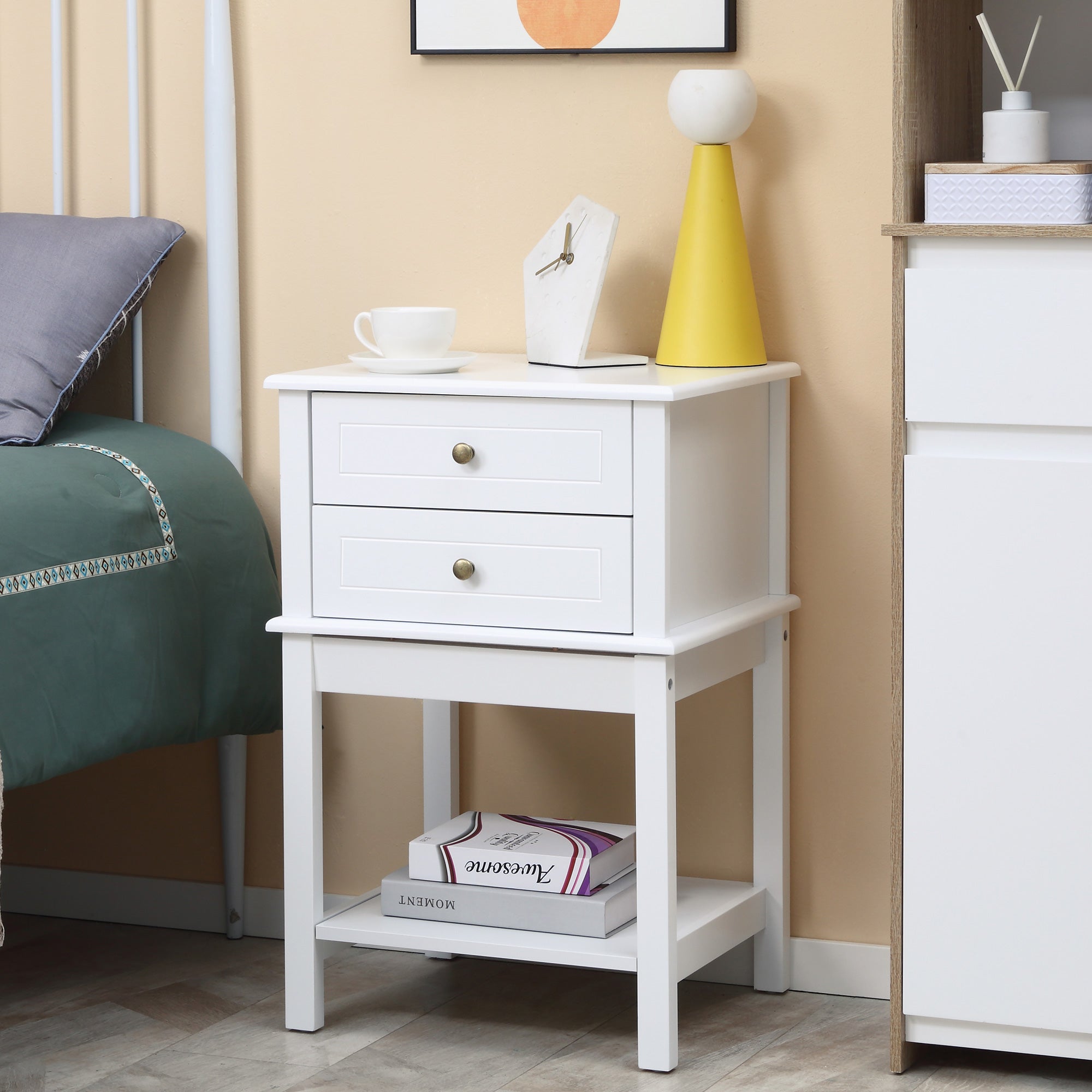 HOMCOM Elegant End Table: Modern Sofa Side Table with Drawers and Storage Shelf, Nightstand for Bedroom, Living Room, Crisp White 