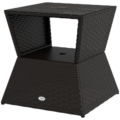 Outsunny Outdoor Patio Rattan Wicker Coffee Table Garden End Tea Table Bistro Side Table w/ Umbrella Hole, Dark Coffee 