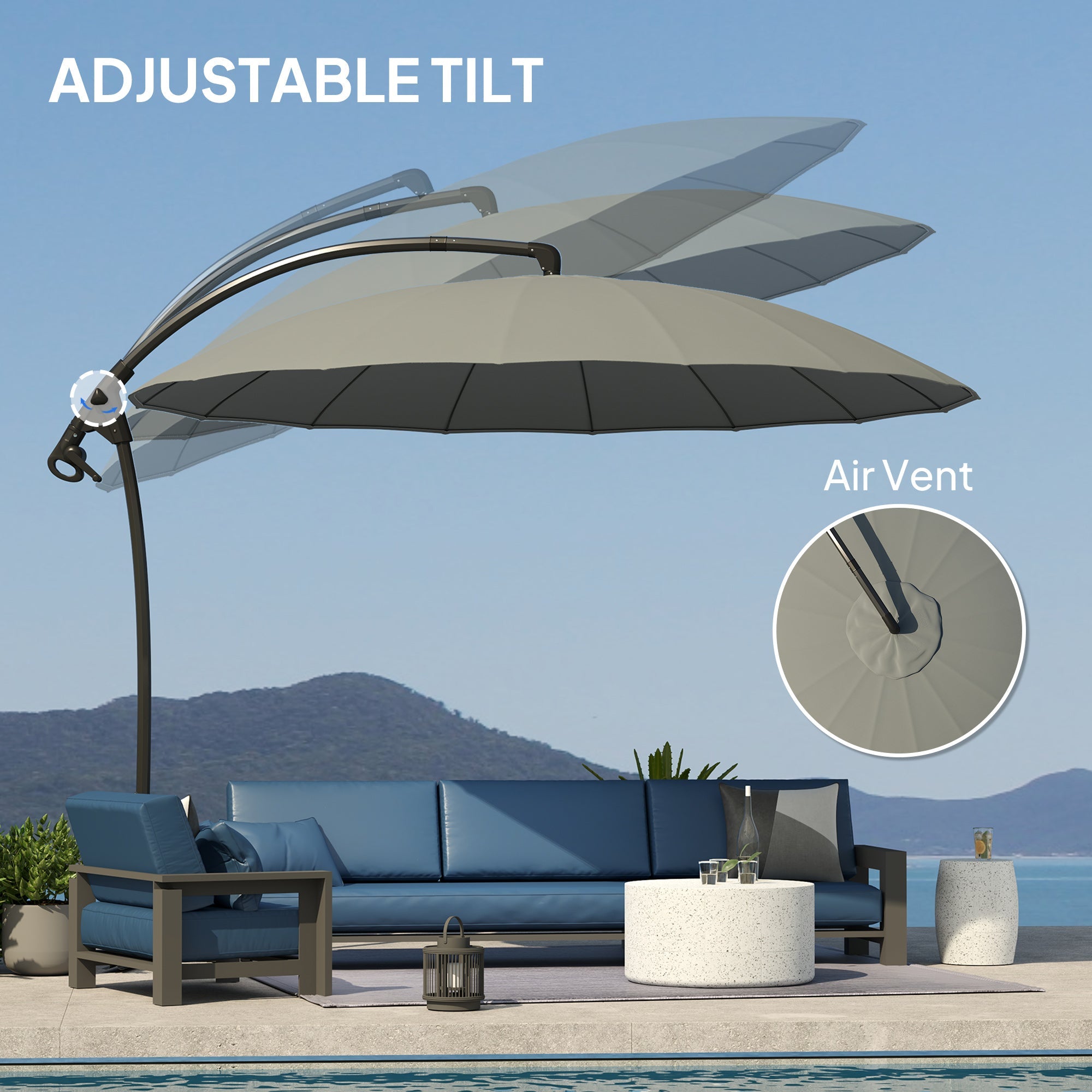 Outsunny 9FT Cantilever Umbrella with 16 Fibreglass Ribs, Offset Hanging Umbrella, Patio Umbrella with Crank and Cross Base, Grey 