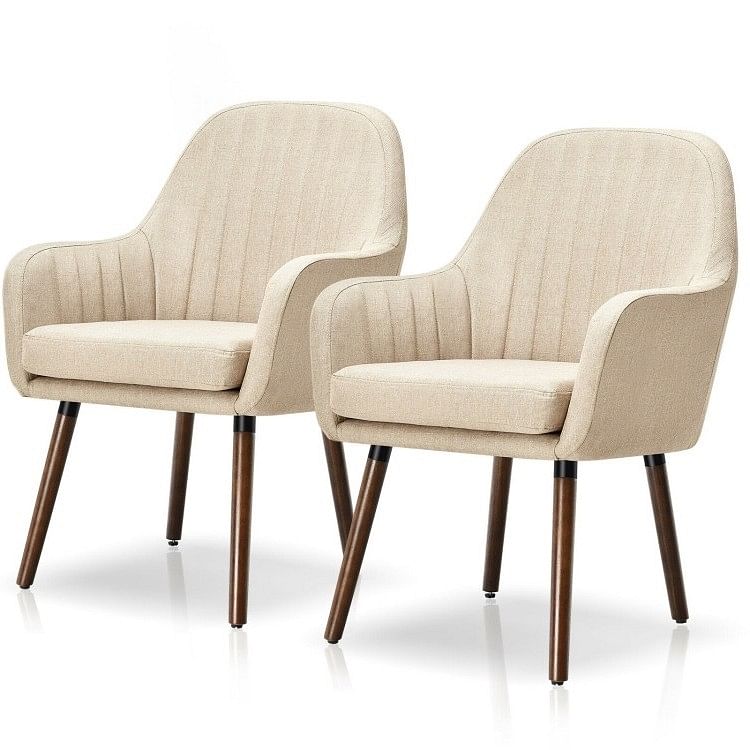 Set of 2 Retro Off-White Linen Upholstered Accent Chair with Stylish Wood Legs - Free Shipping