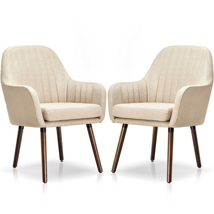 Set of 2 Retro Off-White Linen Upholstered Accent Chair with Stylish Wood Legs - Free Shipping