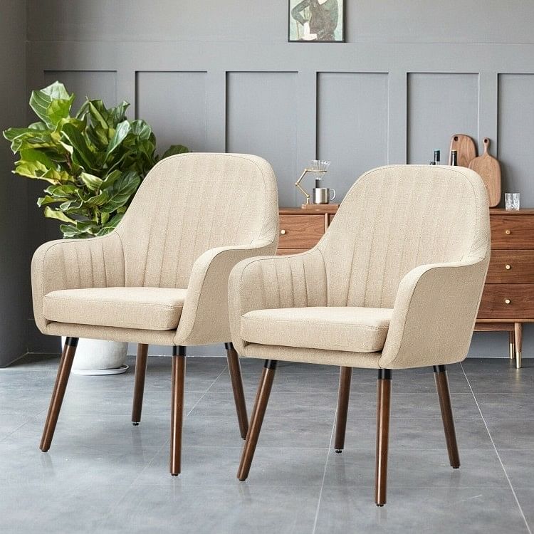 Set of 2 Retro Off-White Linen Upholstered Accent Chair with Stylish Wood Legs - Free Shipping