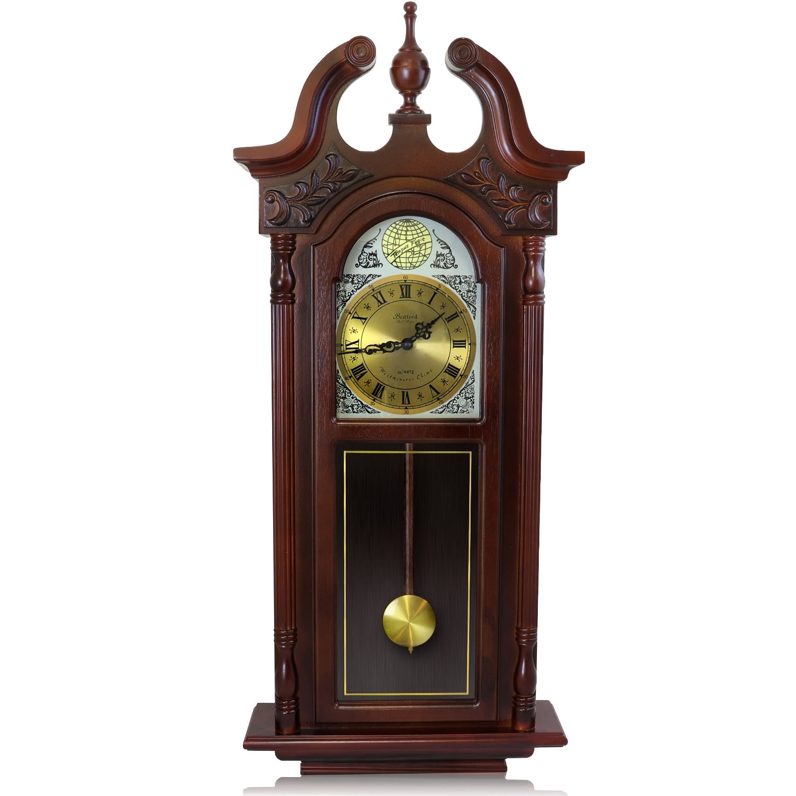 Bedford Clock Collection 38 Inch Grand Antique Chiming Wall Clock with Roman Numerals in a in a Cherry Oak Finish - Free Shipping