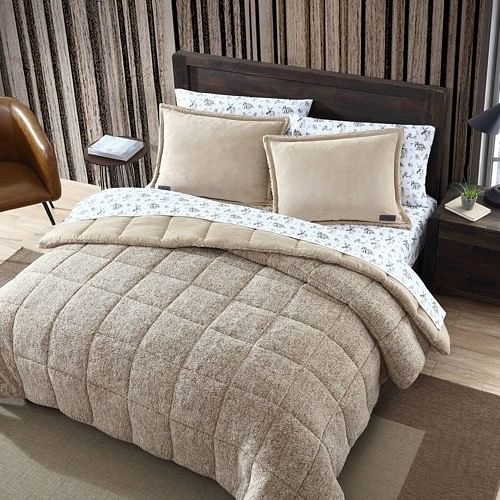Full/Queen Plush Sherpa Reversible Micro Suede Comforter Set in Beige - Free Shipping 