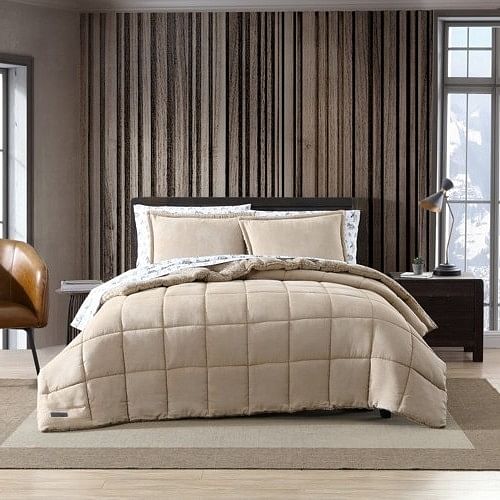 Full/Queen Plush Sherpa Reversible Micro Suede Comforter Set in Beige - Free Shipping 