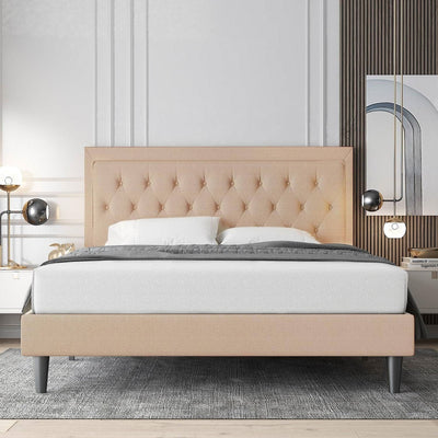 Full size Beige Linen Platform Bed Frame with Button Tufted Headboard - Free Shipping 