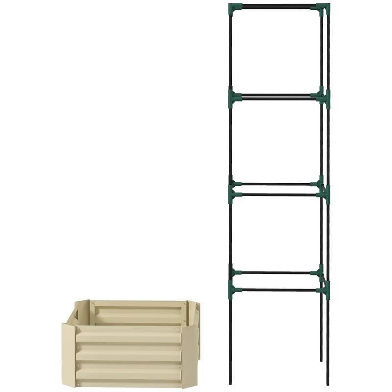Beige Galvanized Open Bottom Raised Garden Bed Planter with Tomato Cage Trellis - Free Shipping 
