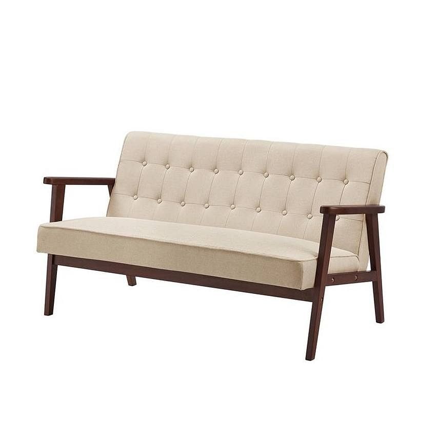 Mid-Century Modern Wood Frame Loveseat Sofa Couch with Beige Seat/Back Cushion - Free Shipping 