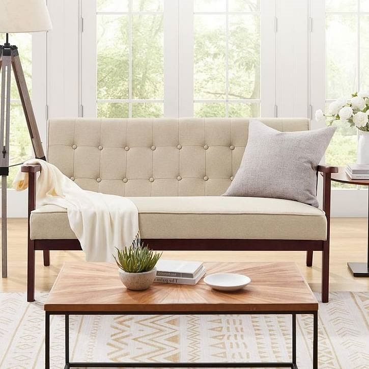 Mid-Century Modern Wood Frame Loveseat Sofa Couch with Beige Seat/Back Cushion - Free Shipping