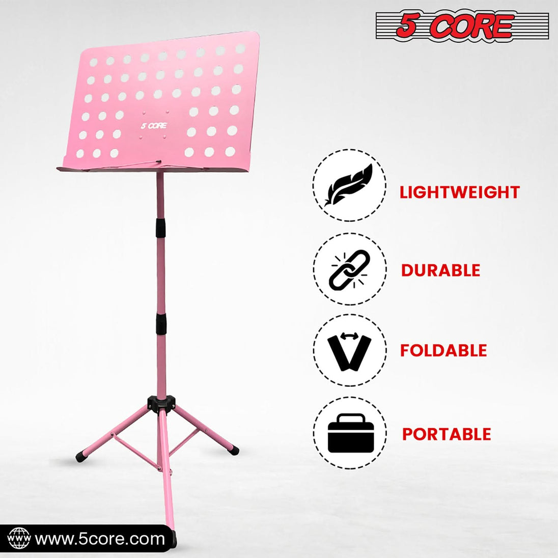 5Core Adjustable Music Stand for Sheet Music Portable Tripod Folding Note Holder Pink