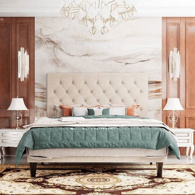 Queen Size Beige Linen Upholstered Platform Bed with Button-Tufted Headboard - Free Shipping 