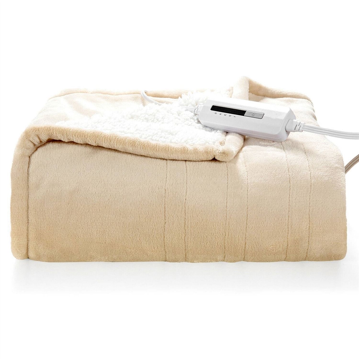 Heated Electric Sherpa Throw Blanket in Beige/White - Free Shipping 