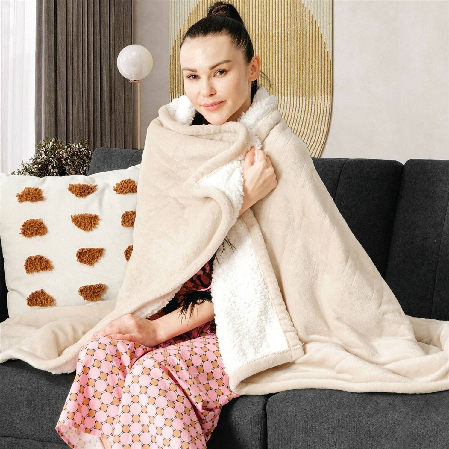 Heated Electric Sherpa Throw Blanket in Beige/White - Free Shipping 