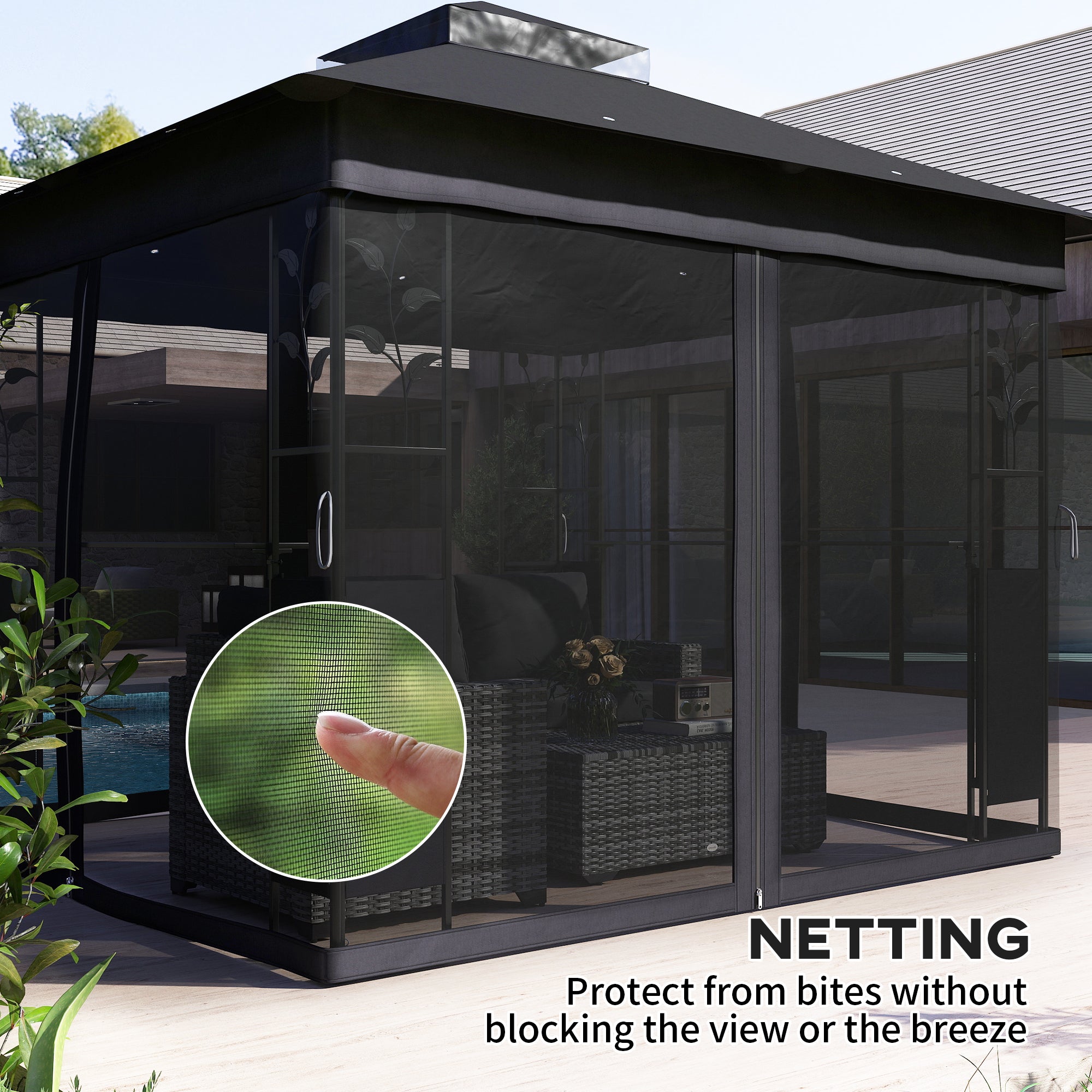 Outsunny 10' x 10' Outdoor Gazebo with Shelves and Netting, UV30+ Double Roof Patio Gazebo for Lawn, Backyard and Deck 