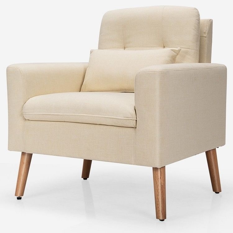 Beige Linen Mid-Century Modern Living Room Accent Chair with Pillow - Free Shipping