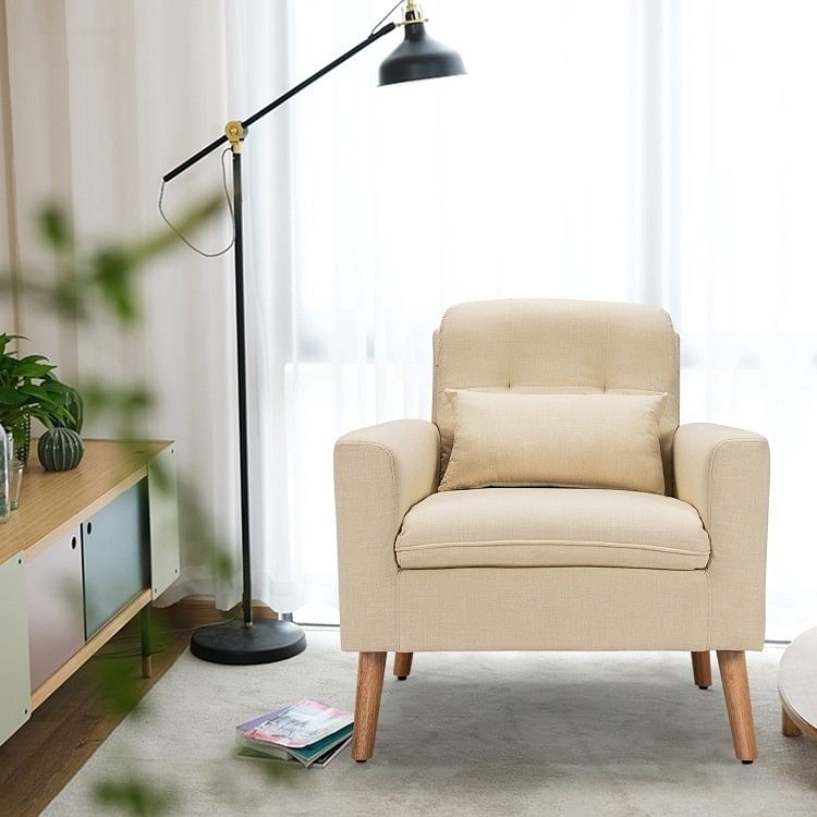 Beige Linen Mid-Century Modern Living Room Accent Chair with Pillow - Free Shipping 
