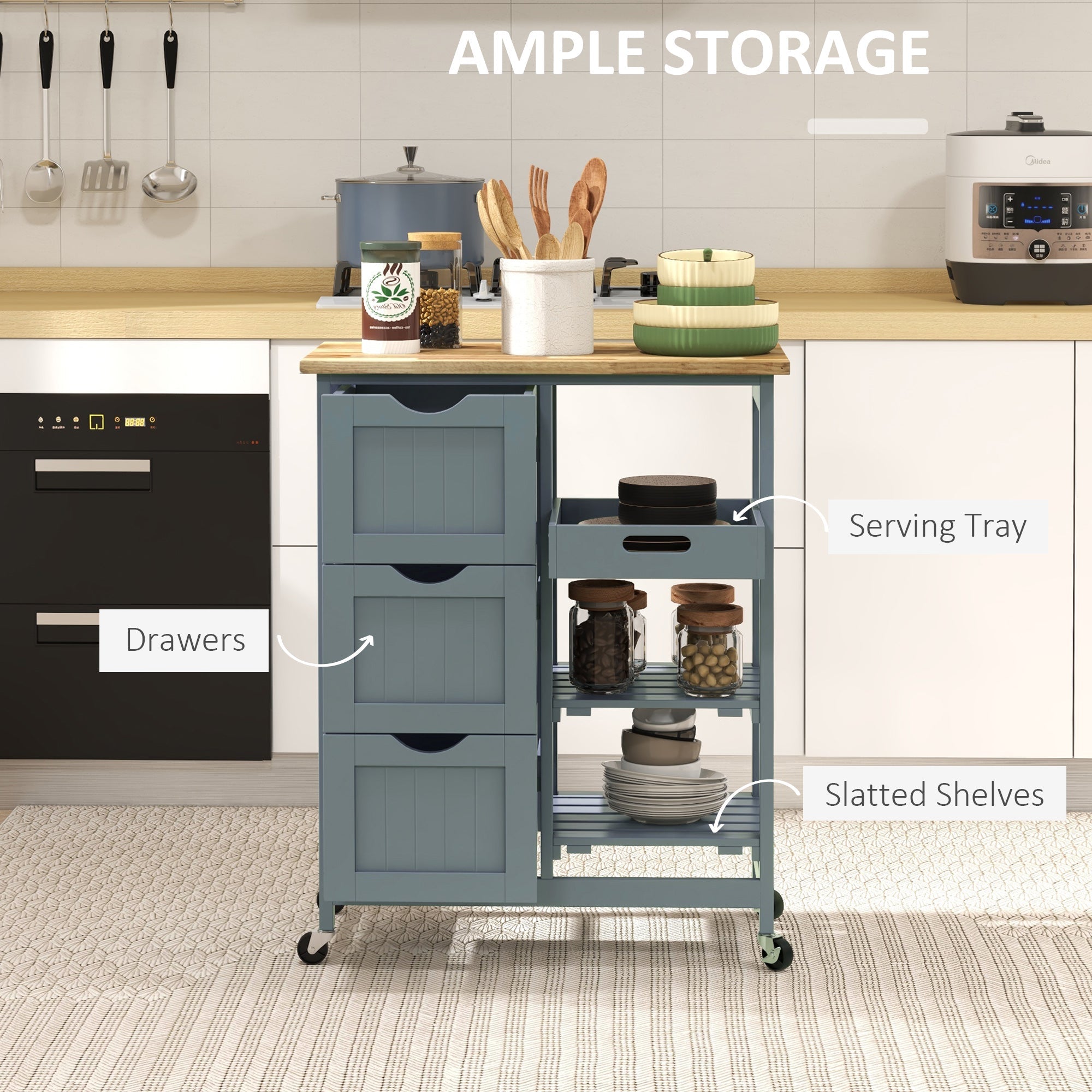 HOMCOM Grey Rolling Utility Cart: Kitchen Island on Wheels with Wood Top, 3 Drawers & Shelves for Dining Rooms 