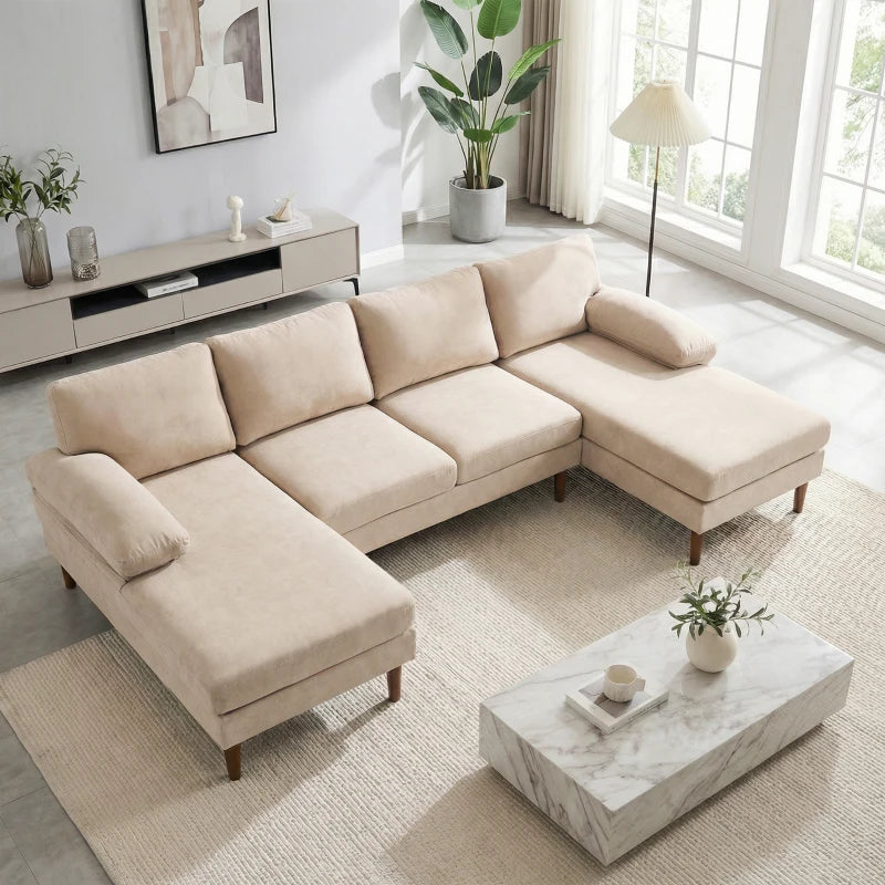 U Shape Couch with Double Chaise Lounge, Modern 4 Seater Sofa with Wooden Legs, Fabric Sofa for Living Room, Beige