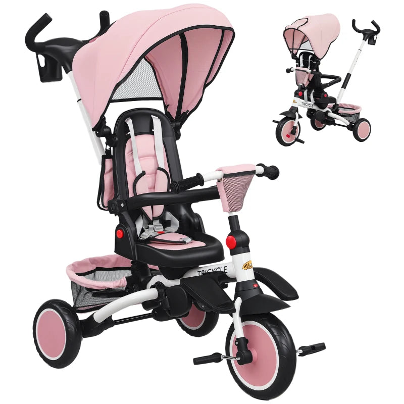 Qaba 6 in 1 Toddler Tricycle for 1-5 Years Old with Push Handle, Removable Canopy, Rotatable Seat, Pink