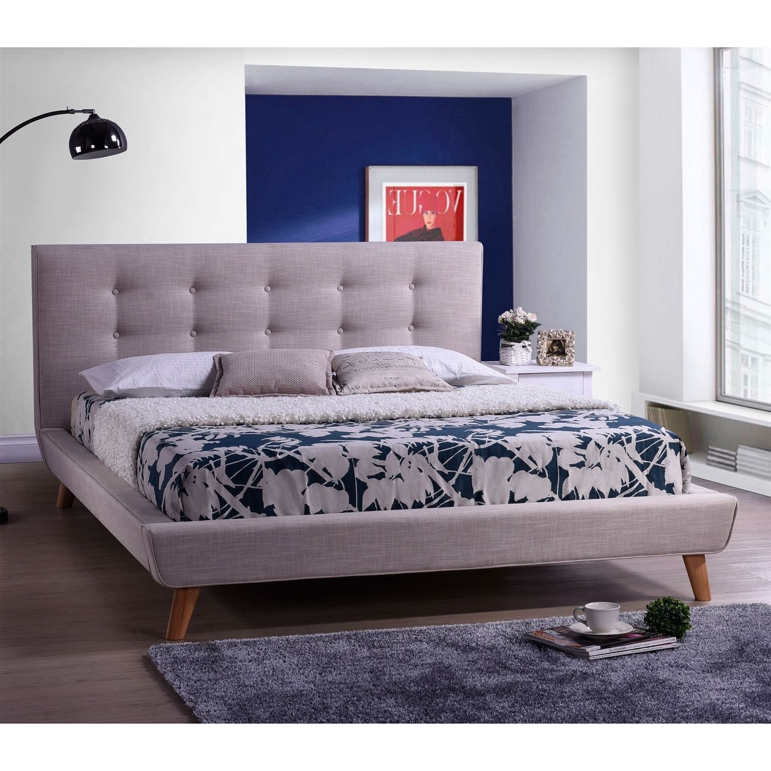 Full size Beige Linen Upholstered Platform Bed with Button Tufted Headboard - Free Shipping