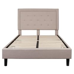 Full Beige Fabric Upholstered Platform Bed Frame with Tufted Headboard - Free Shipping