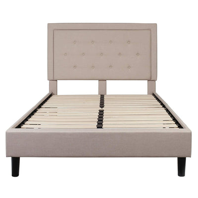 Full Beige Fabric Upholstered Platform Bed Frame with Tufted Headboard - Free Shipping 