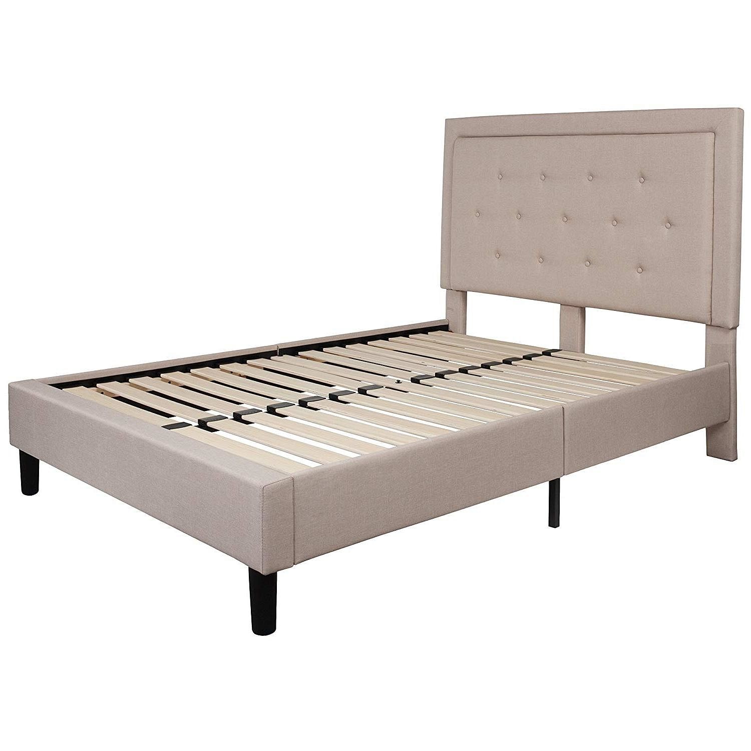 Full Beige Fabric Upholstered Platform Bed Frame with Tufted Headboard - Free Shipping