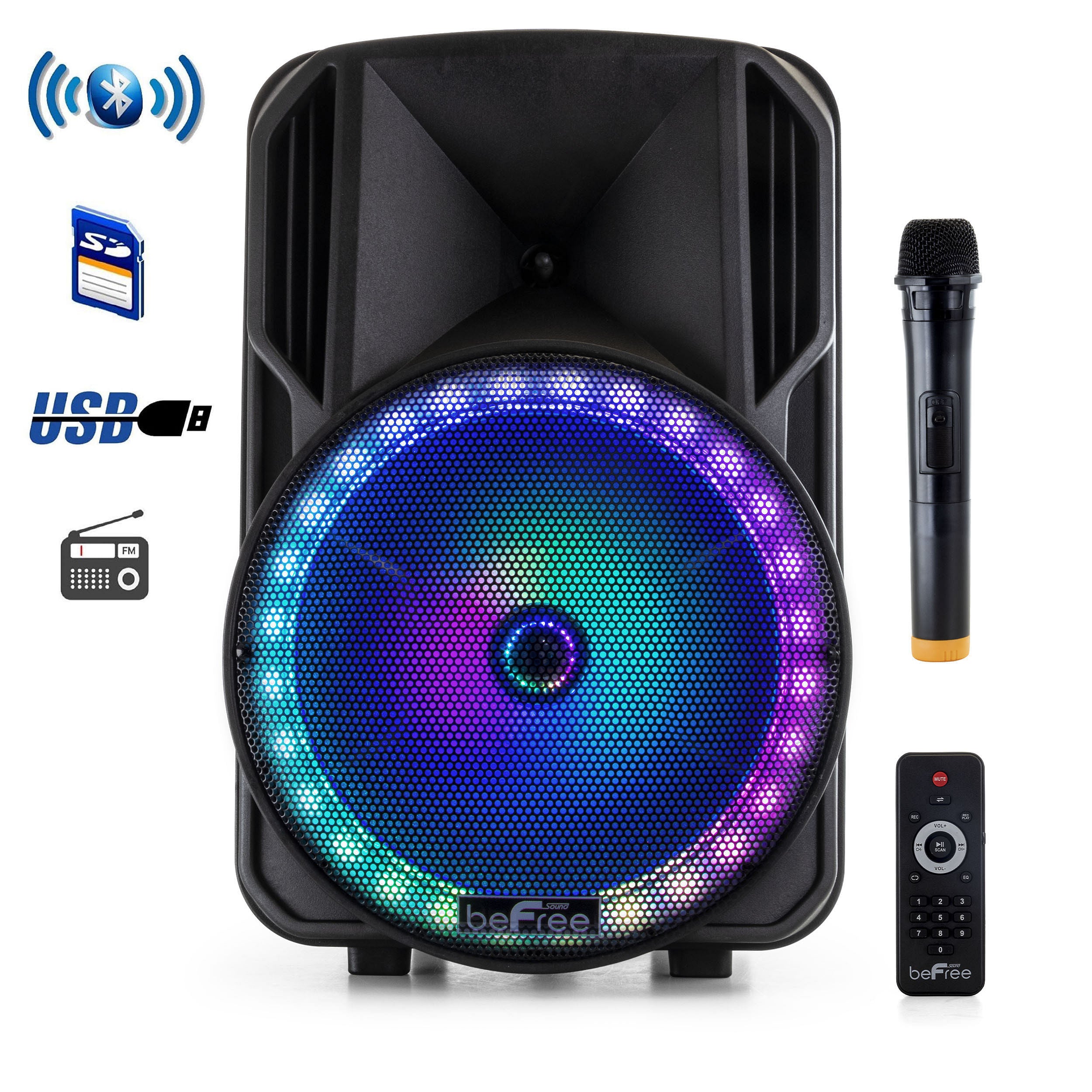 beFree Sound 12 Inch PA Bluetooth Rechargeable Portable Party Speaker with Reactive LED Lights - Free Shipping