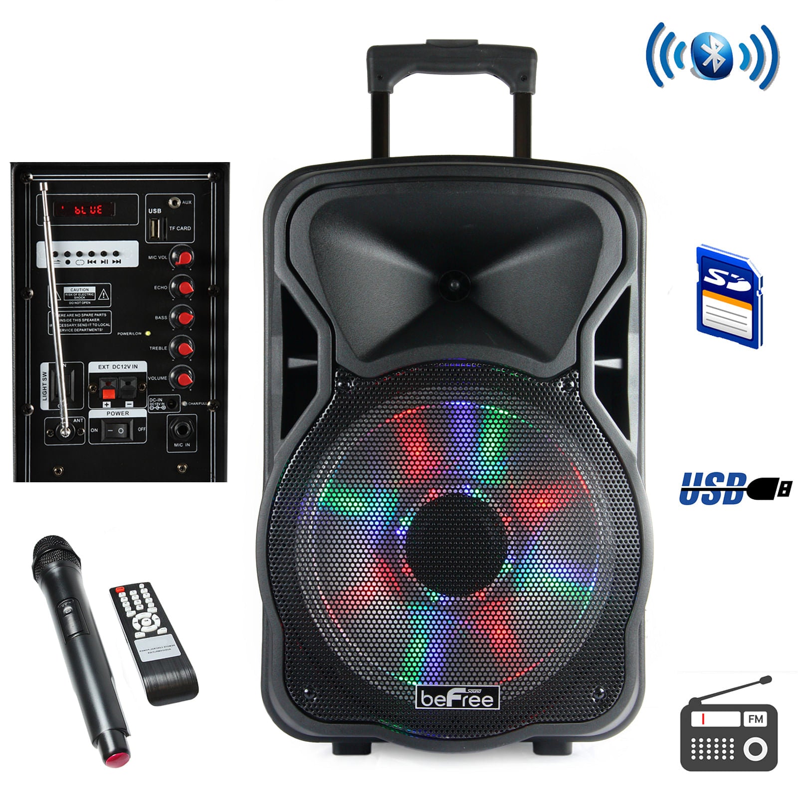 beFree Sound 15 Inch Bluetooth Rechargeable Party Speaker With Illuminating Lights - Free Shipping