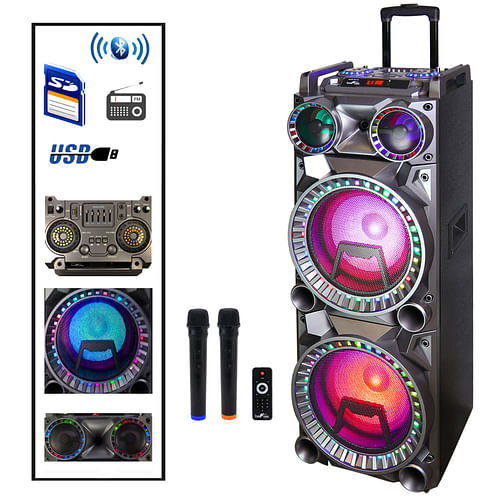 Befree Sound 700W Dual 10 Inch Subwoofer Bluetooth Portable Party Speaker with Sound Reactive Party Lights, USB/ SD Input, Rechargeable Battery, Remote Control And 2 Wireless Microphones - Free Shipping