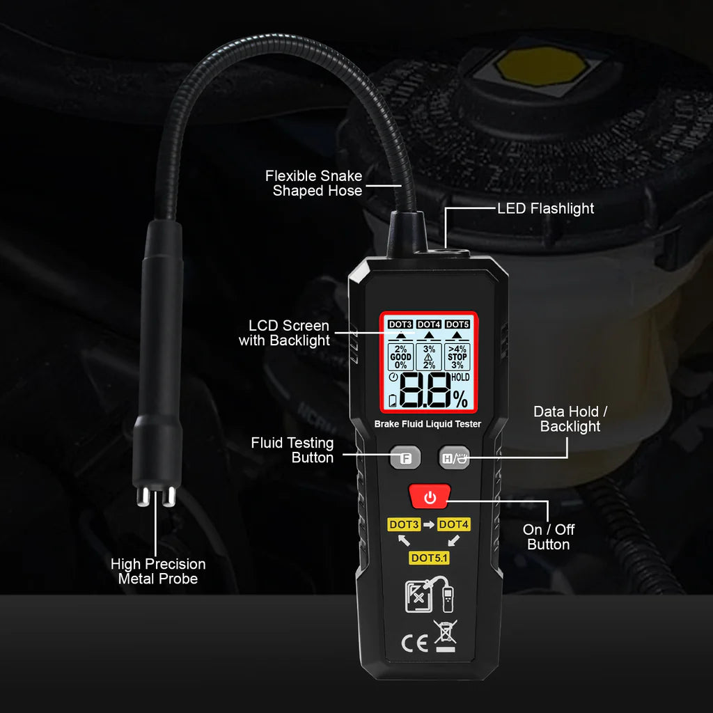 Digital Brake Fluid Tester for DOT 3, DOT 4 & DOT 5.1 with Color Backlight & Buzzer Alarm