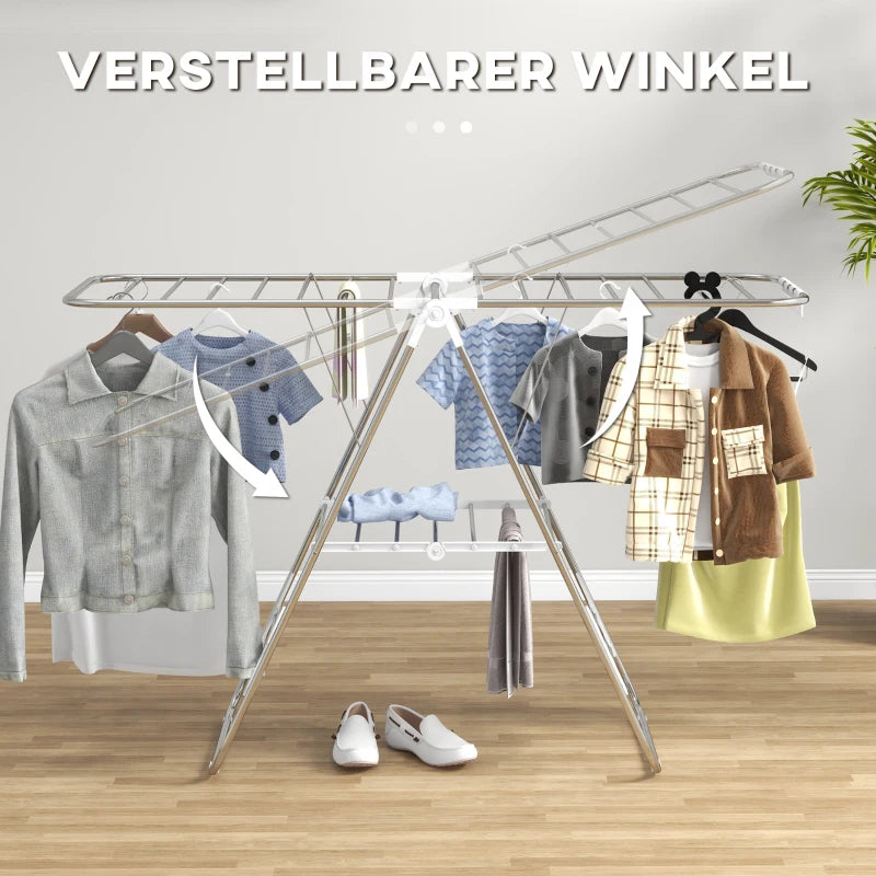 Clothes Drying Rack, 2-Tier Stainless Steel Foldable Laundry Rack with Adjustable Wings and Shoe Holders, Silver