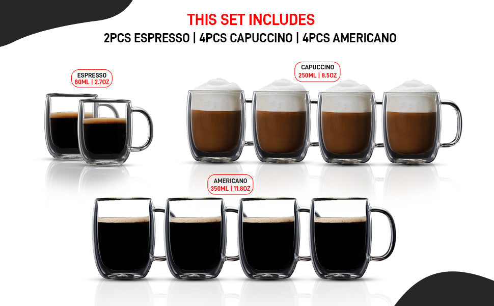 10Pcs Exclusive Coffee Combo Set Double Wall Mugs for Espresso, Cappuccino, Americano. Hot Or Cold Drink Beverages. Insulated Glass Cups Lighweight 