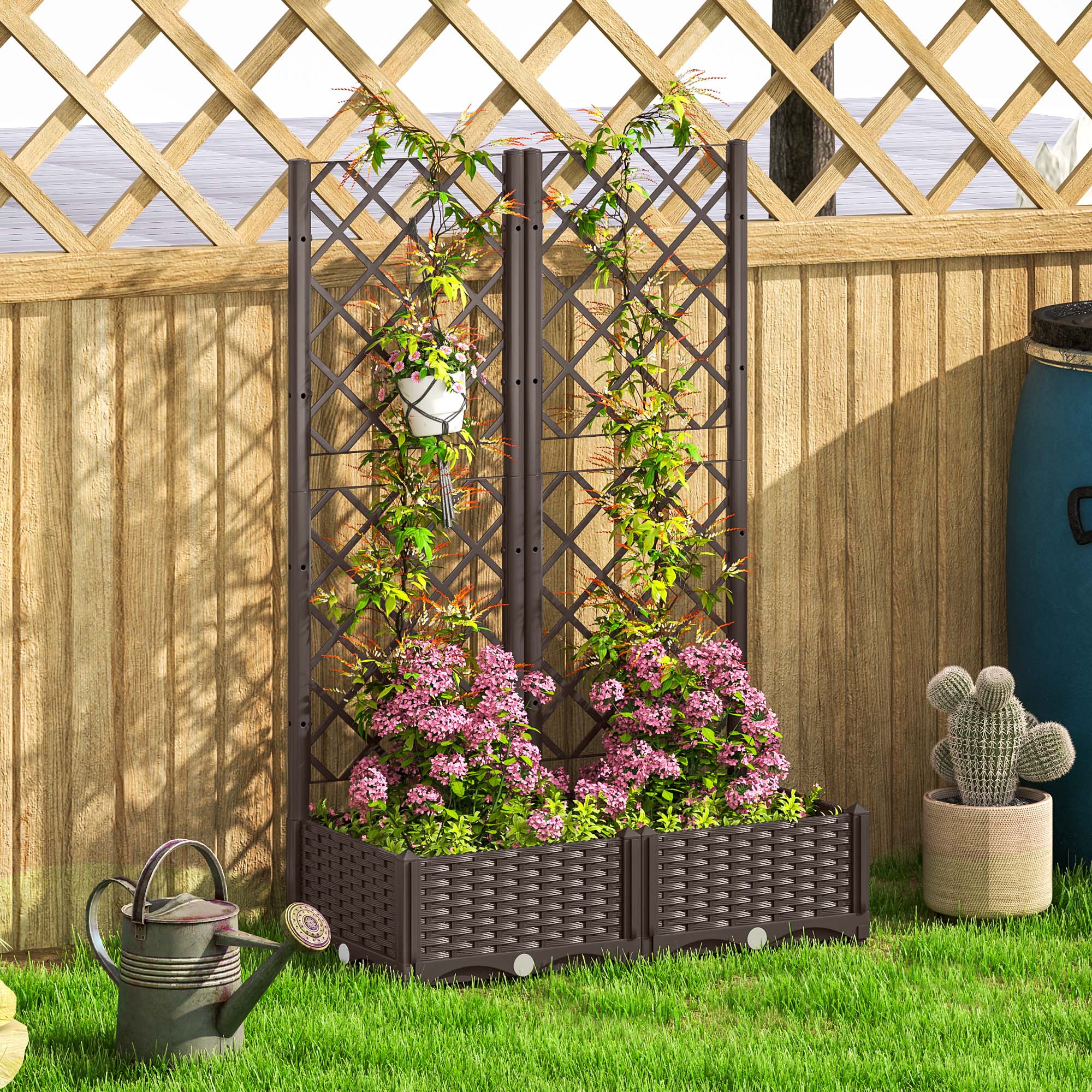 Outsunny Raised Garden Bed with Trellis, Plastic Raised Flower Bed with Drainage Holes and Drain Plugs, 32" x 16" x 48" 