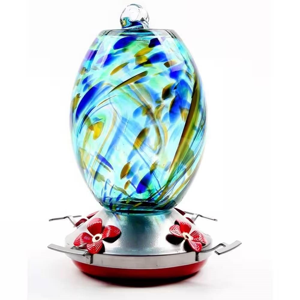 Blue Blown Glass Hummingbird Feeder with Perch and 4 Feeding Ports - Free Shipping 