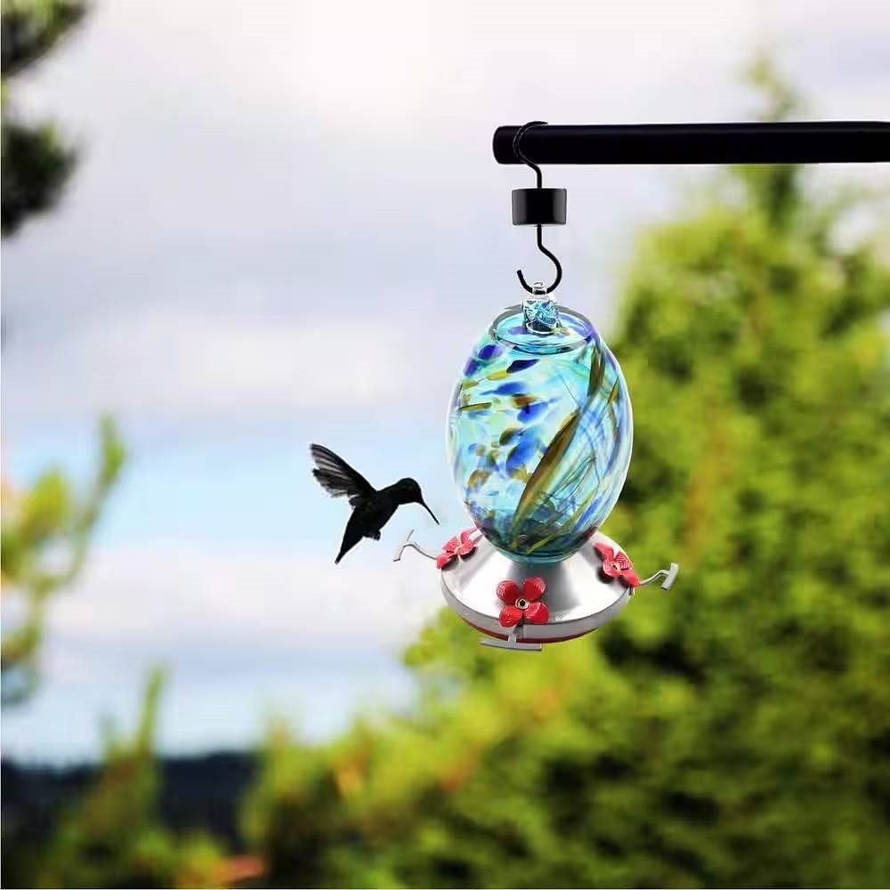 Blue Blown Glass Hummingbird Feeder with Perch and 4 Feeding Ports - Free Shipping 
