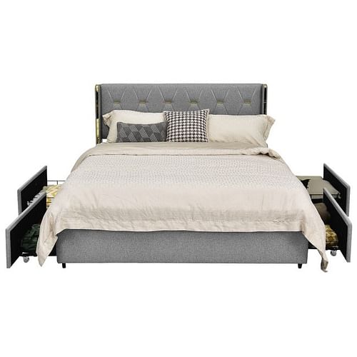 Queen Size Grey/Gold Linen Headboard 4 Drawer Storage Platform Bed - Free Shipping